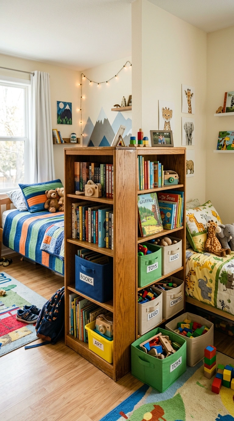 Kids Bedroom Storage That Actually Gets Used (17 Ideas) 17 016 Bookcase Room Divider A shared kids bedroom with a
