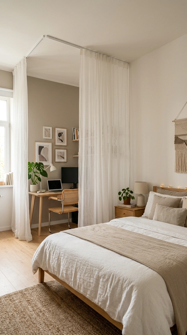 Small Bedroom, Big Style: 19 Layout Ideas 17 016 Curtain Room Divider A small bedroom with a sheer