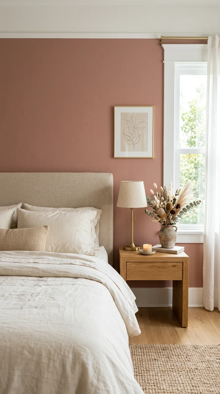 016 Dusty Rose Walls A bedroom with dusty rose painted