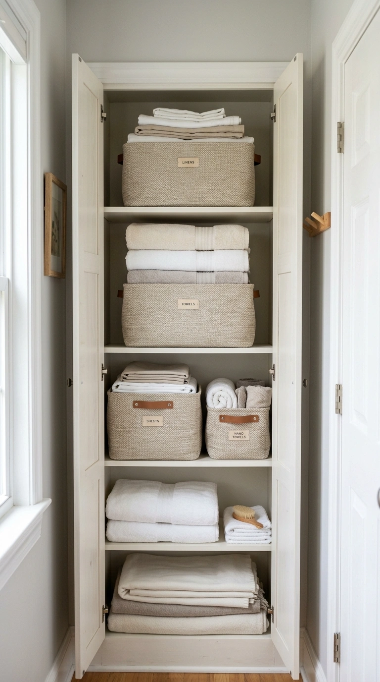 Cabinet Organization Hacks You'll Wish You Knew Sooner (18 Ideas) 17 016 Fabric Storage Bins An open linen cabinet with wov