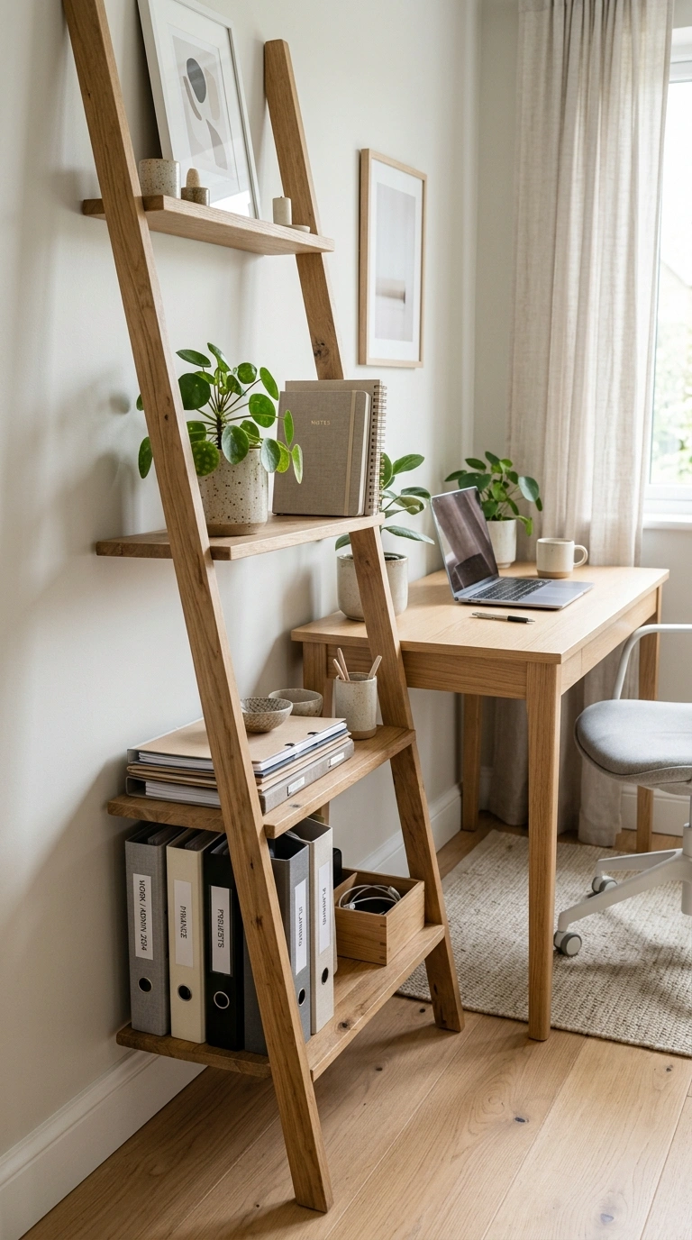 Home Office Storage That Keeps You Sane 17 016 Ladder Shelf Storage A leaning wooden ladder shelf