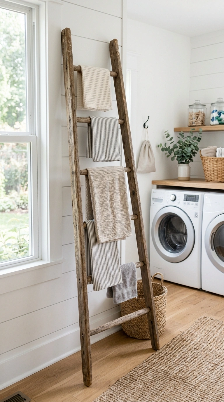 016 Ladder Towel Rack An old wood ladder leaning again