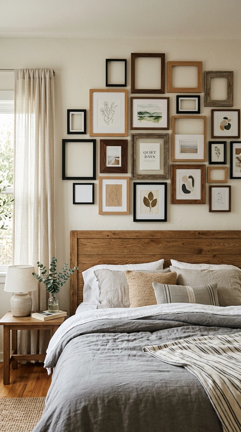 What to Put Above Your Bed: 20 Wall Decor Ideas 17 016 Layered Frame Collage A bed with a loose grid coll