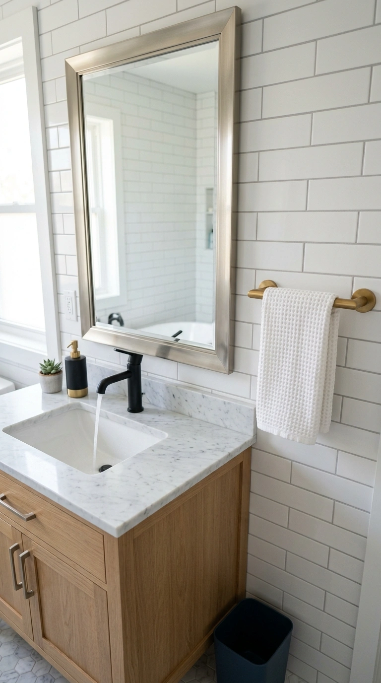 016 Mixed Metal Mirrors A bathroom vanity with a brush