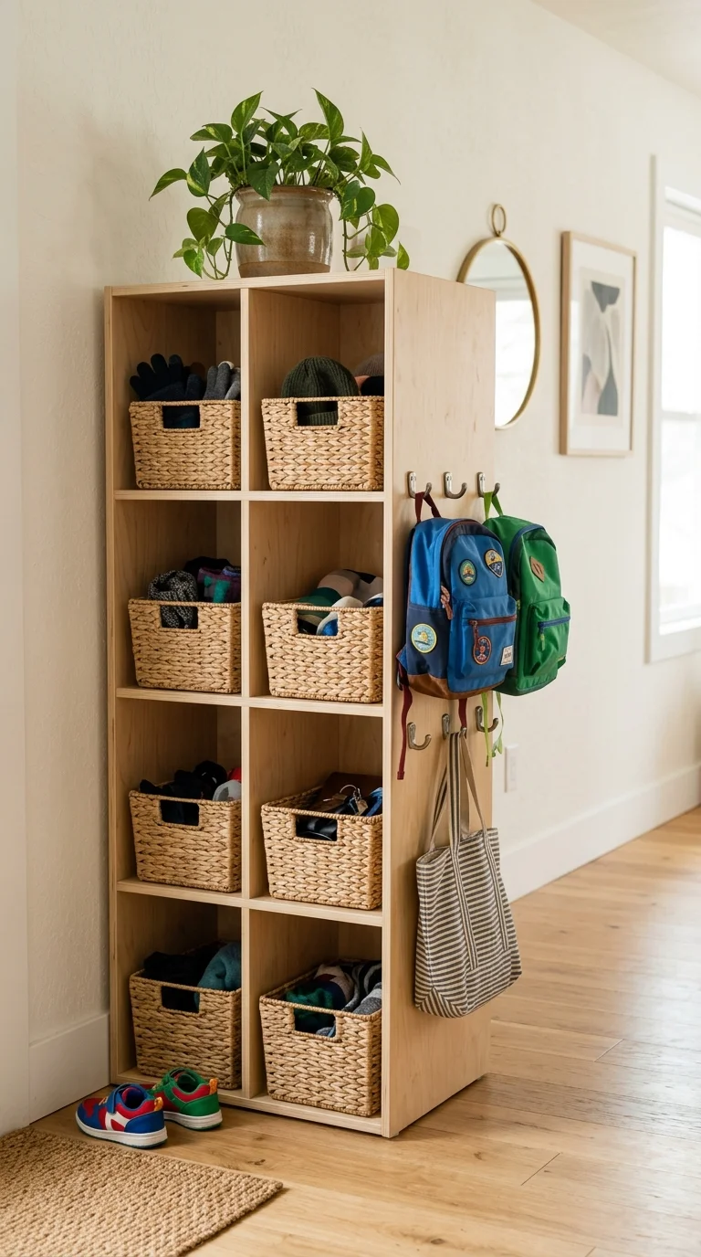 016 Open Cubby Storage A tall light wood cubby unit wi