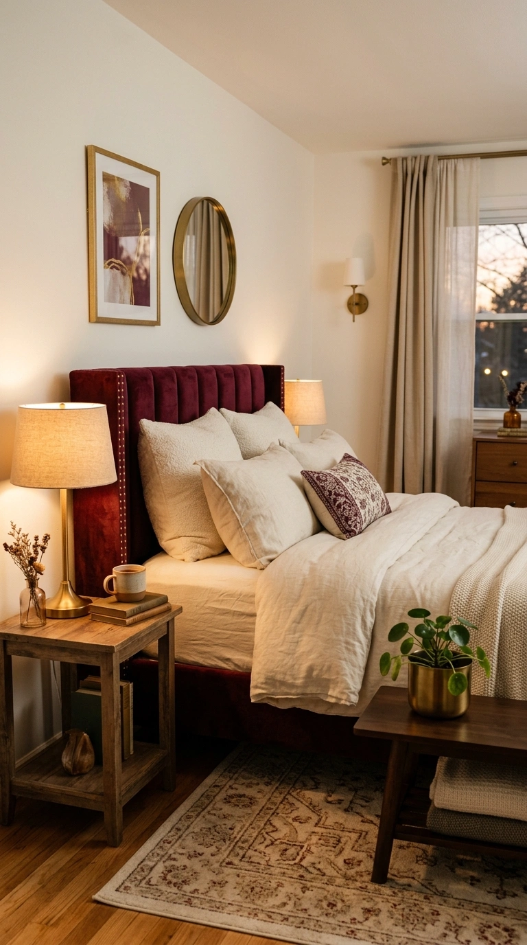 016 Rich Burgundy Accent A bedroom with a burgundy vel