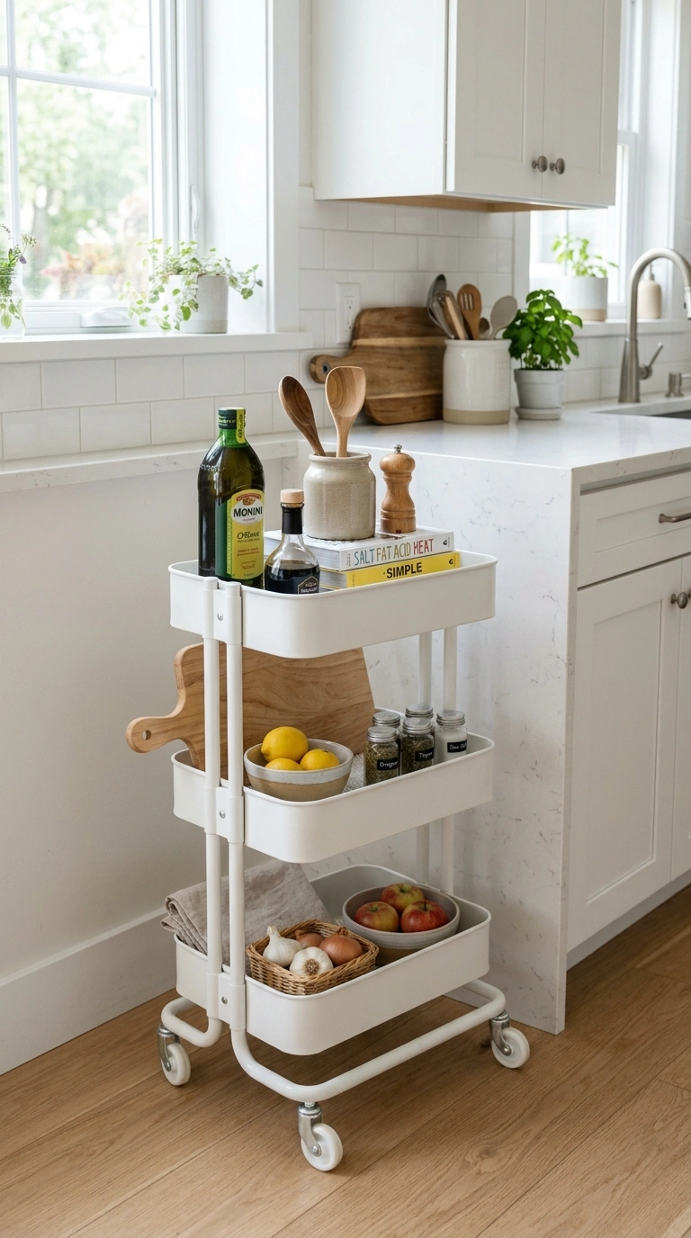 Counter Clutter Gone: 17 Kitchen Organization Ideas 17 016 Rolling Utility Cart A bright kitchen with a white
