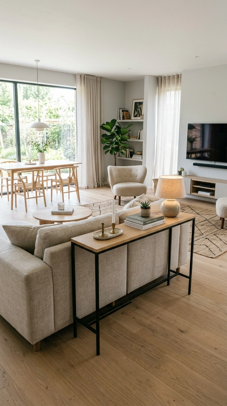 Small Living Room Layouts That Actually Work (22 Ideas) 17 016 Slim Console Divider An open living space with a n 2