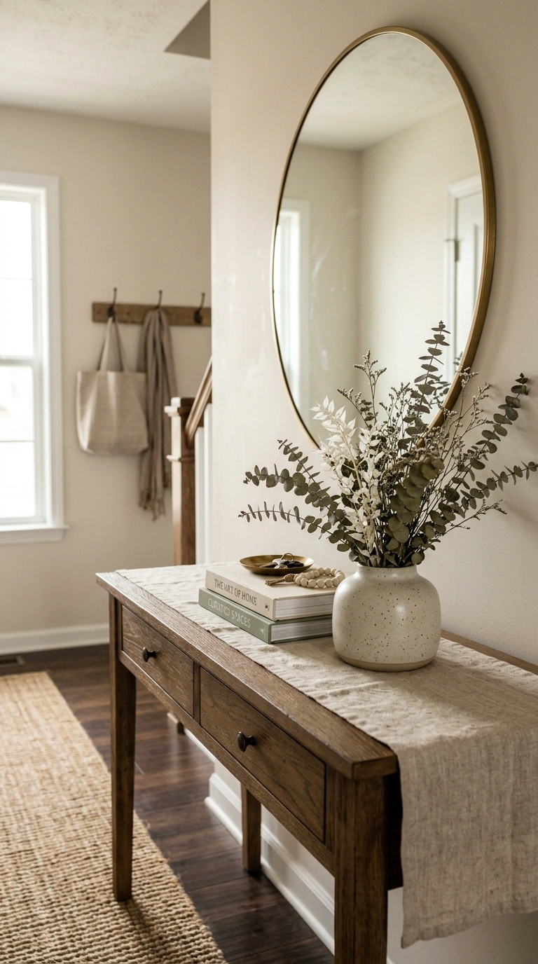 21 Easy Seasonal Updates for Anyone Decorating on a Budget 17 016 Style a Console Table A narrow wooden console tabl