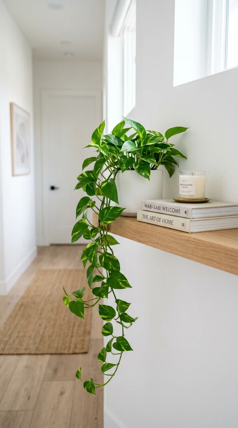 Your Tiny Hallway Deserves This Glow-Up: 20 Ideas to Try 17 016 Trailing Plant Shelf A slim wooden shelf on a whit