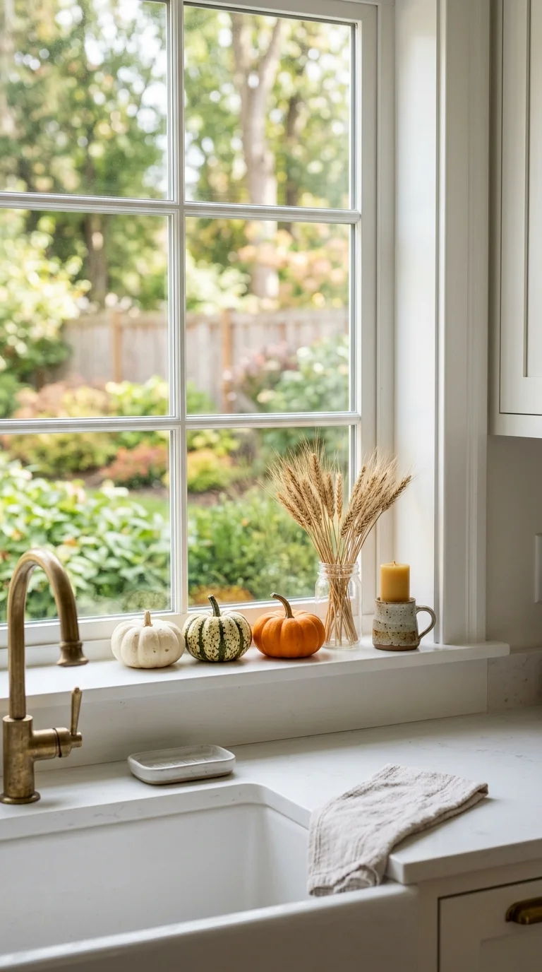 Cozy Fall Decor Ideas for Every Room (21 Picks) 17 016 Window Sill Gourds A white kitchen window sill abo