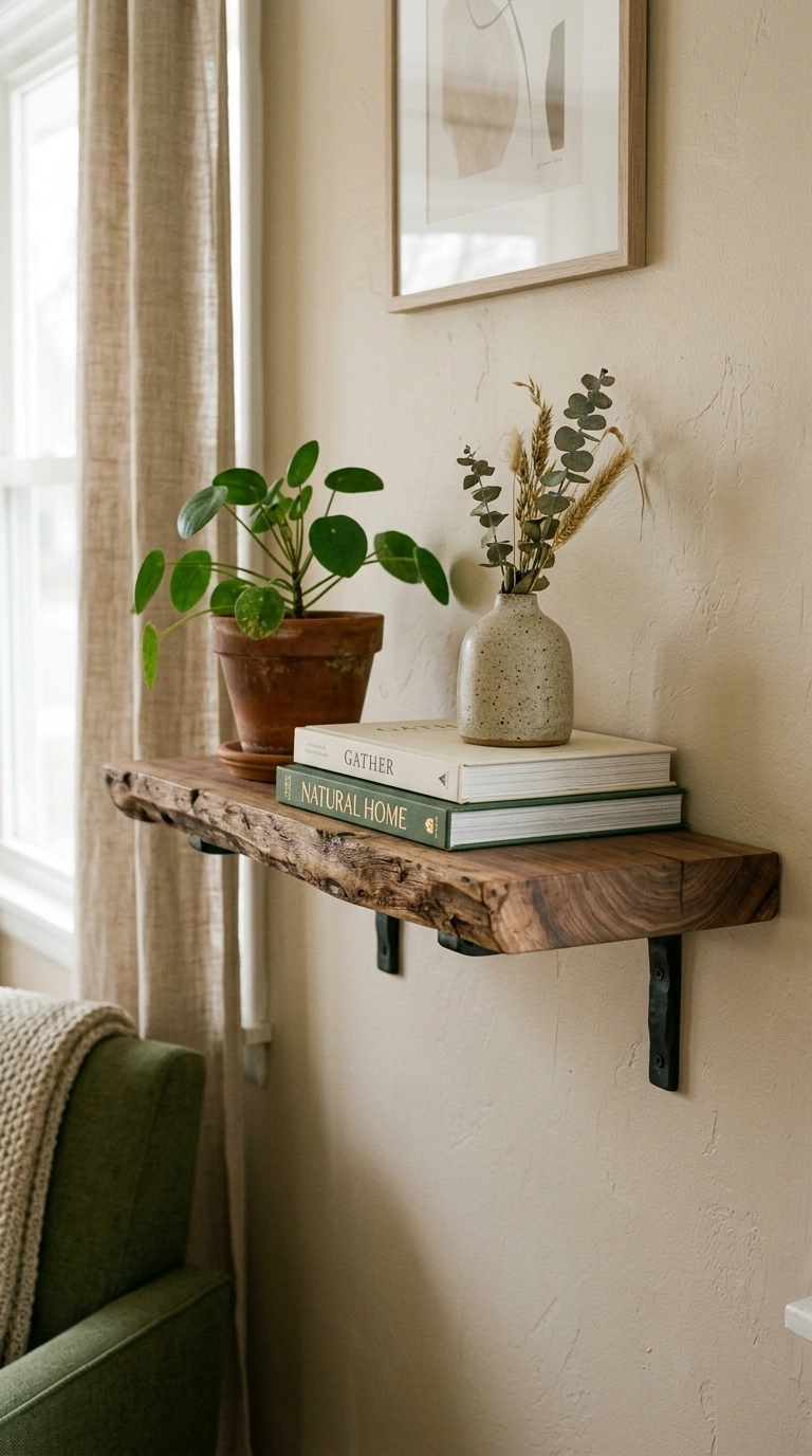 Living Room Shelves Styled Right: 19 Ideas 17 016 Wood Slab Shelves A thick live edge wood slab shel
