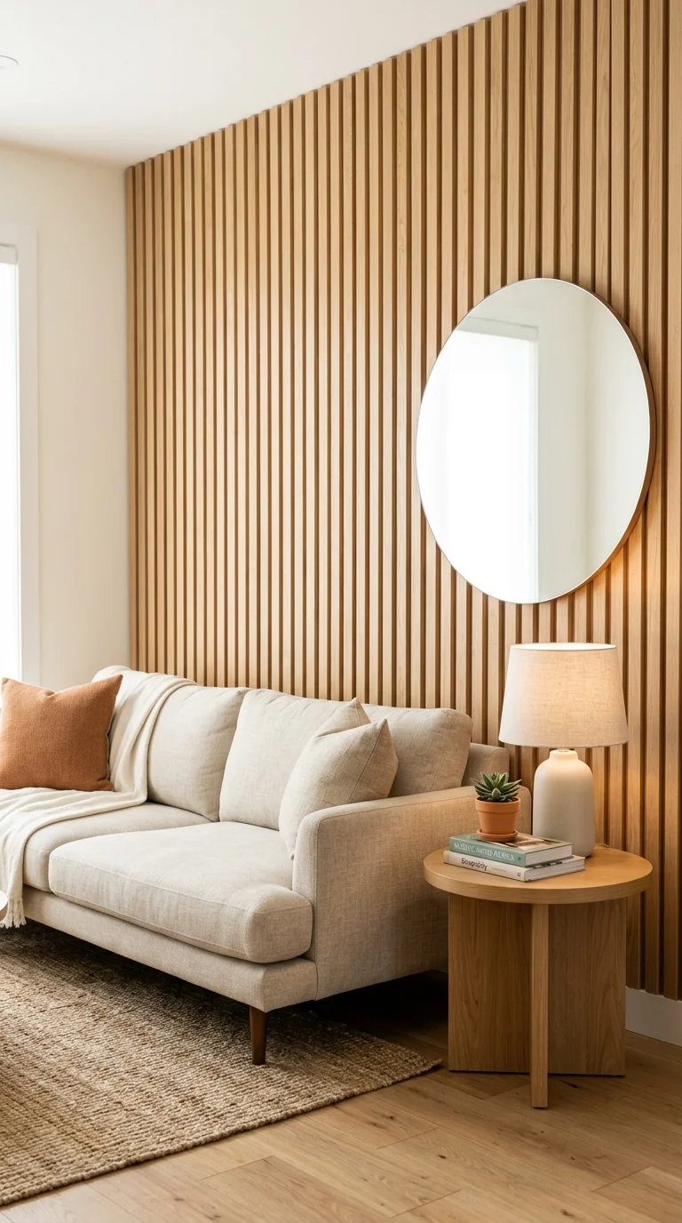 016 Wood Slat Wall A wall covered in vertical oak wood