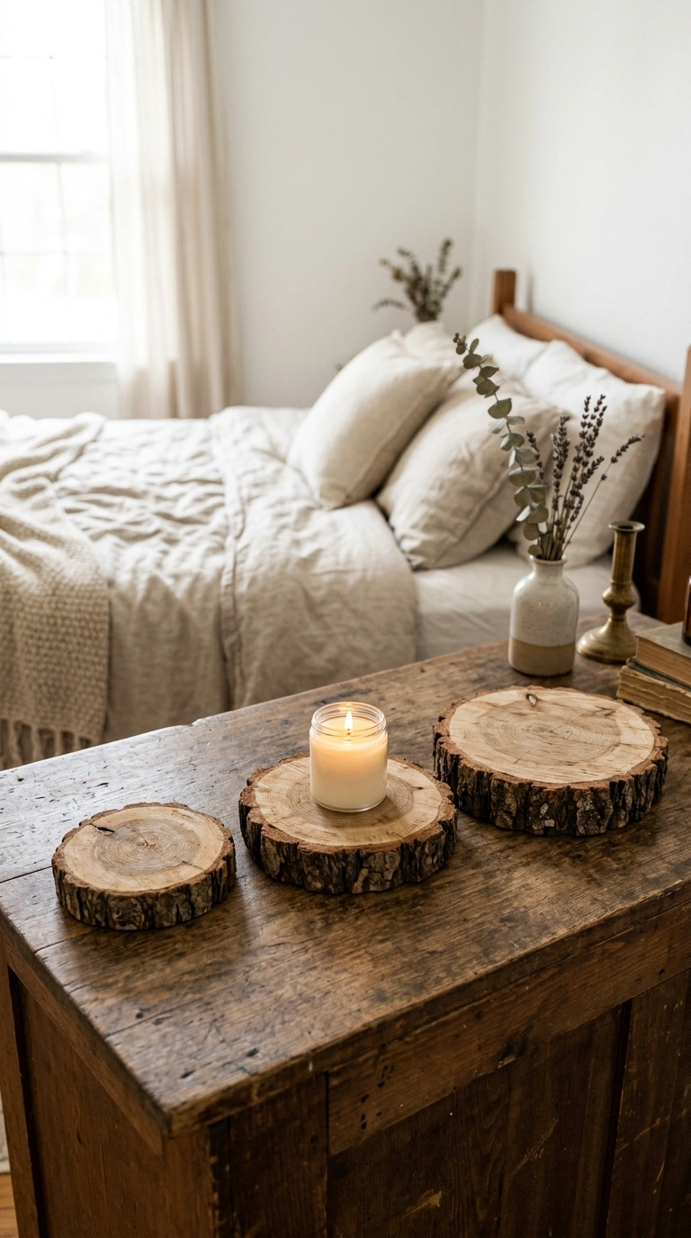 Rustic Bedroom Vibes — 16 Cozy Ideas 17 016 Wood Slice Decor A rustic bedroom dresser top with