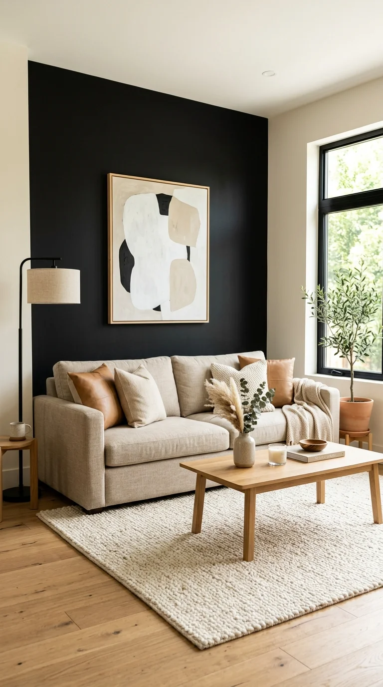 20 Hottest Black Accent Wall Ideas Taking Over Home Decor 18 017 Black Wall With Beige Sofa A warm modern living ro