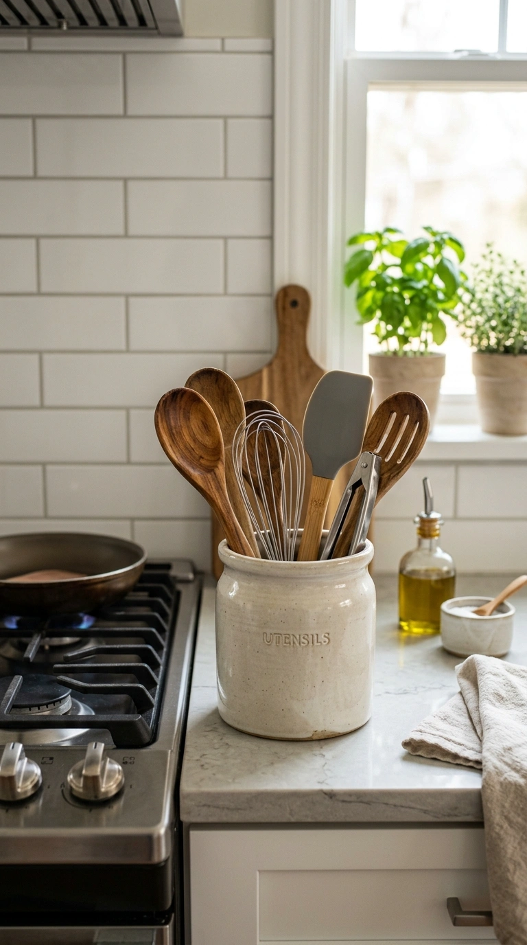 Counter Clutter Gone: 17 Kitchen Organization Ideas 18 017 Countertop Utensil Crock A kitchen counter beside