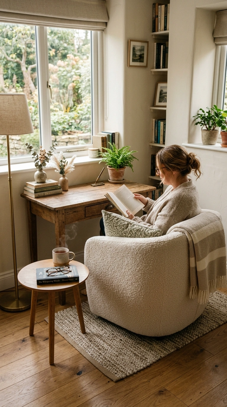 017 Cozy Reading Corner A soft boucle armchair beside