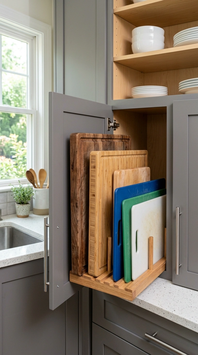 Cabinet Organization Hacks You'll Wish You Knew Sooner (18 Ideas) 18 017 Cutting Board Slots An open kitchen cabinet with a