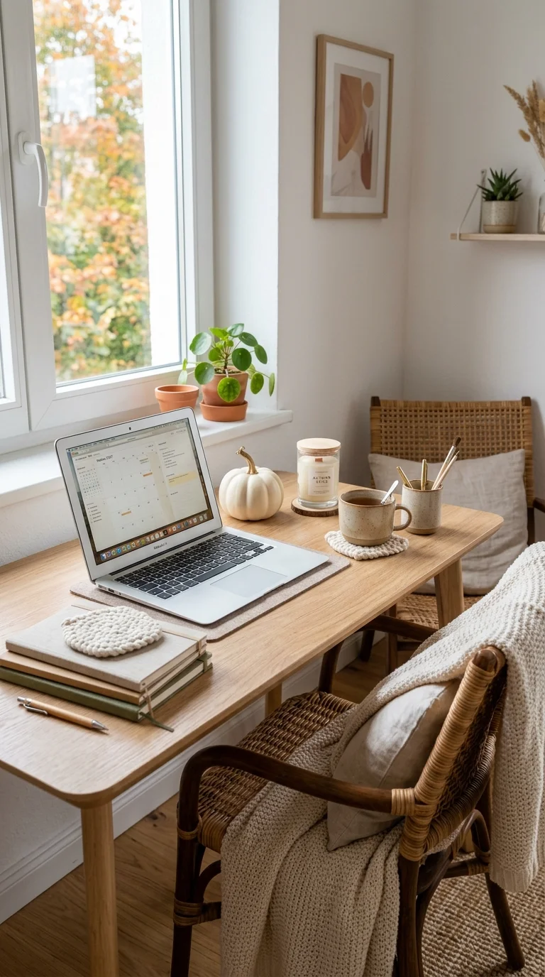 Cozy Fall Decor Ideas for Every Room (21 Picks) 18 017 Desk Fall Corner A light wood home office desk by