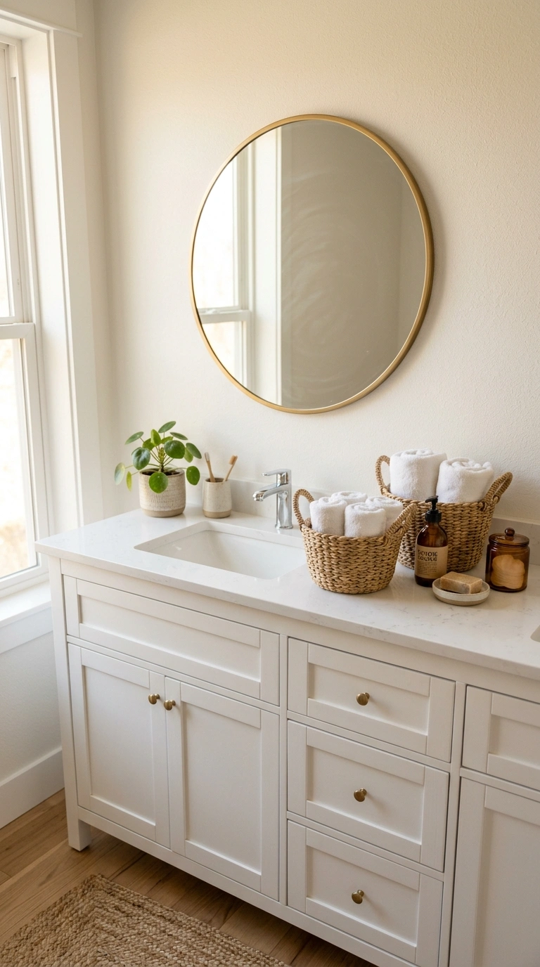 017 Mirror With Baskets A bathroom vanity with a round
