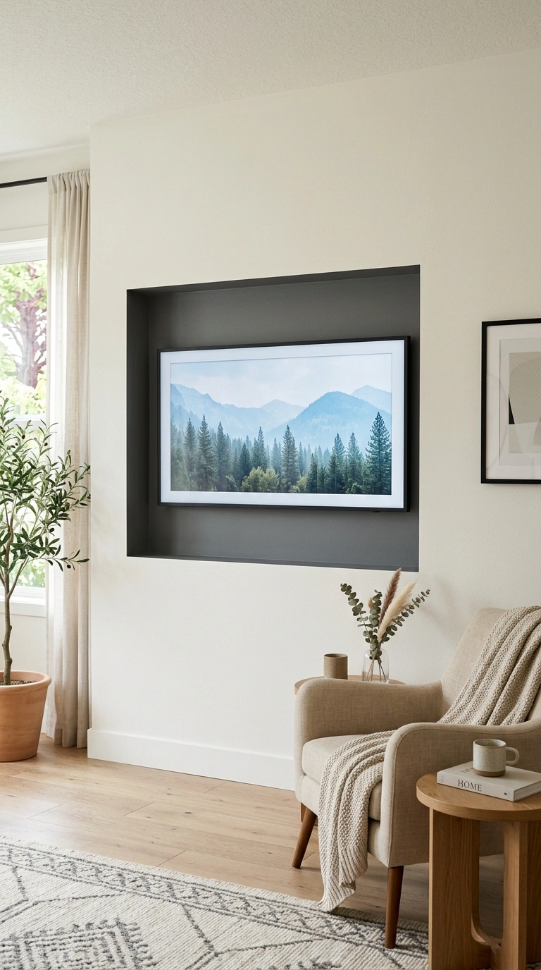 TV Wall Ideas That Don't Look Like an Afterthought (18 Picks) 18 017 Niche Wall Cutout A living room wall with a recess