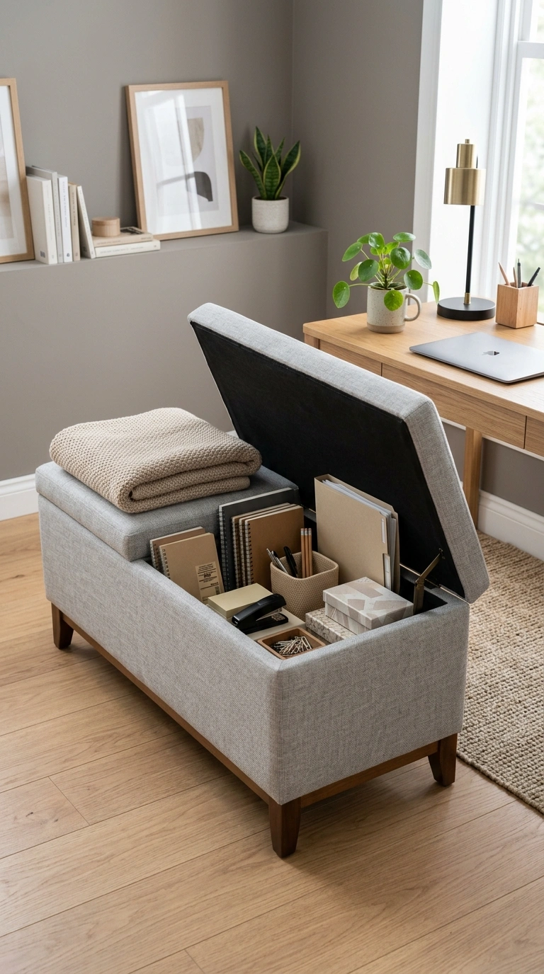 Home Office Storage That Keeps You Sane 18 017 Ottoman Storage Bench A fabric storage ottoman wit