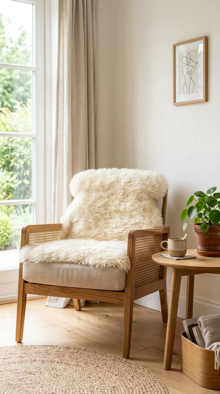 017 Sheepskin Chair Throw A wood framed armchair with
