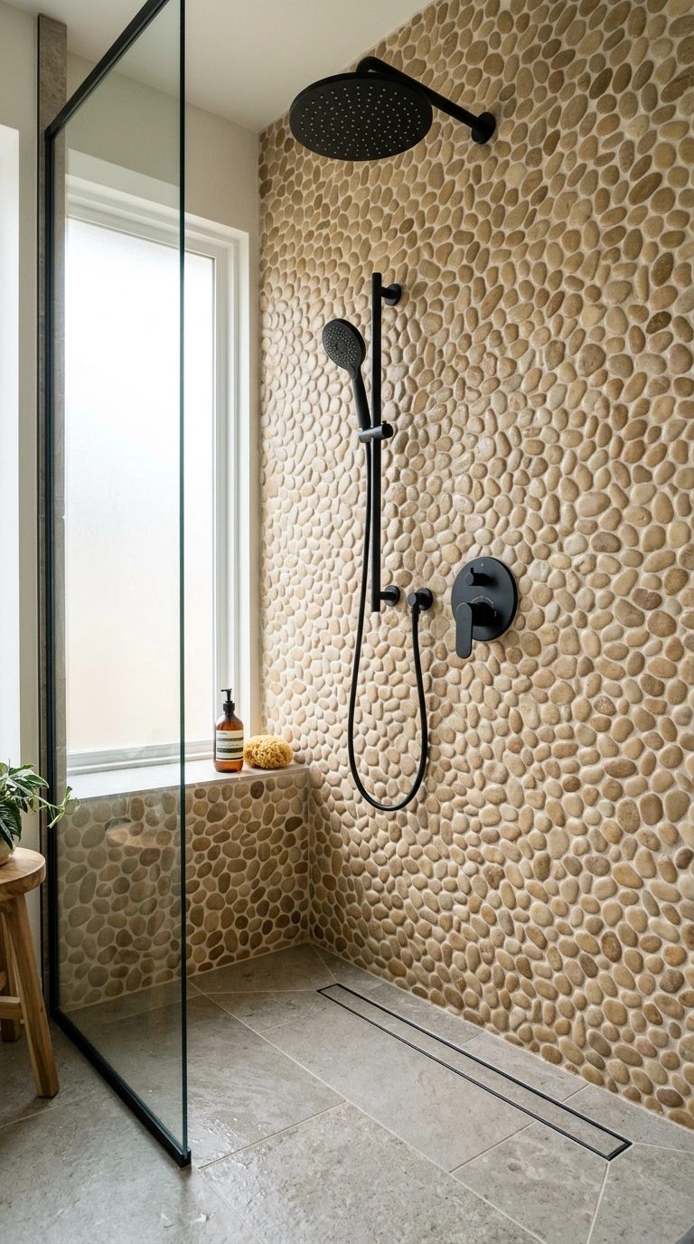 017 Stone Pebble Accent A shower wall covered in warm