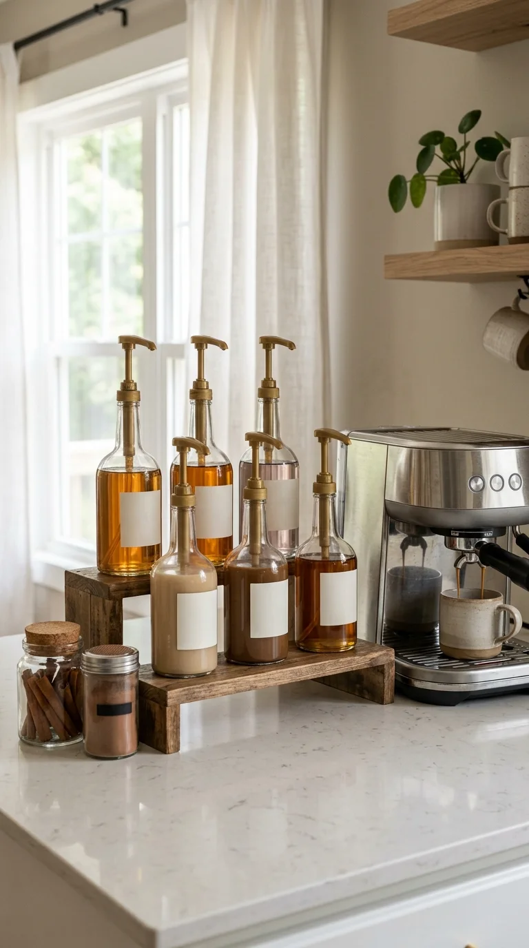 017 Syrup Bottle Display A tiered wooden stand holding
