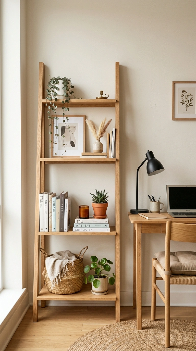 19 Classy Desk Setups That Make Small Workspaces Feel Special 18 017 Use a Ladder Shelf A wood ladder shelf with four t