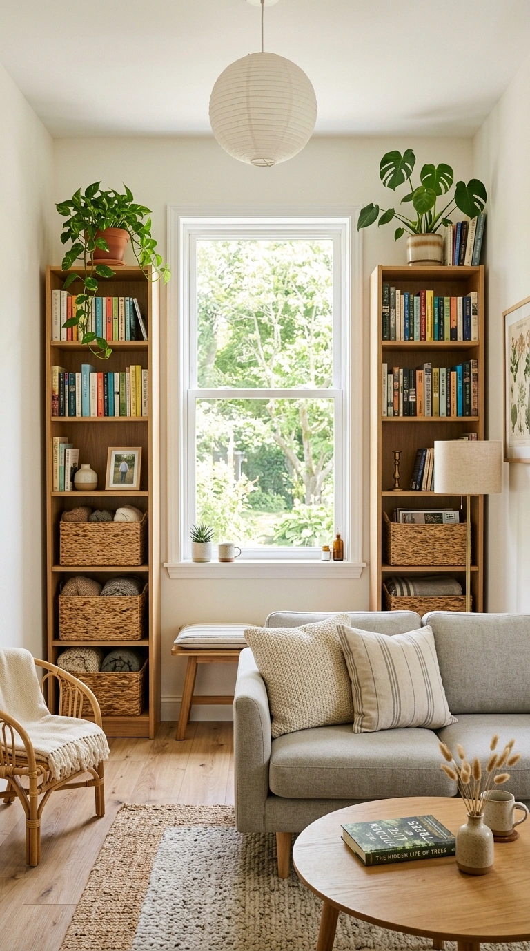 Small Living Room Layouts That Actually Work (22 Ideas) 18 017 Vertical Storage Layout A small living room with t 2