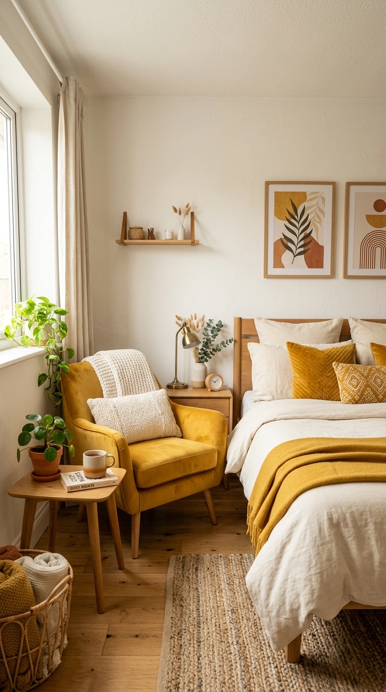 017 Warm Mustard Yellow A bedroom with warm white wall