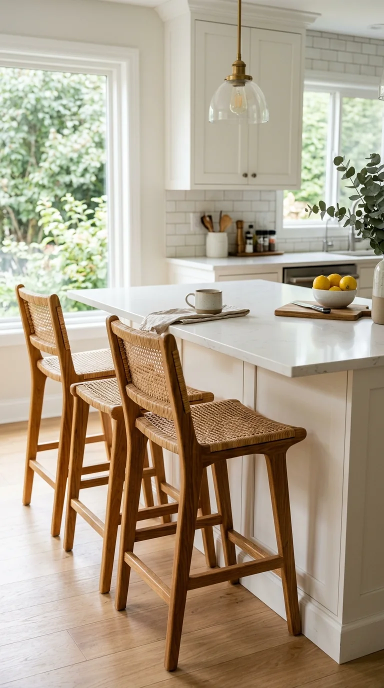 017 Warm Wood Bar Stools A kitchen island with three w