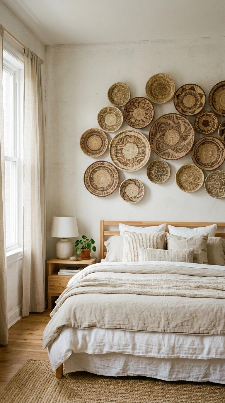 What to Put Above Your Bed: 20 Wall Decor Ideas 18 017 Woven Basket Wall A bed with a cluster of flat wov