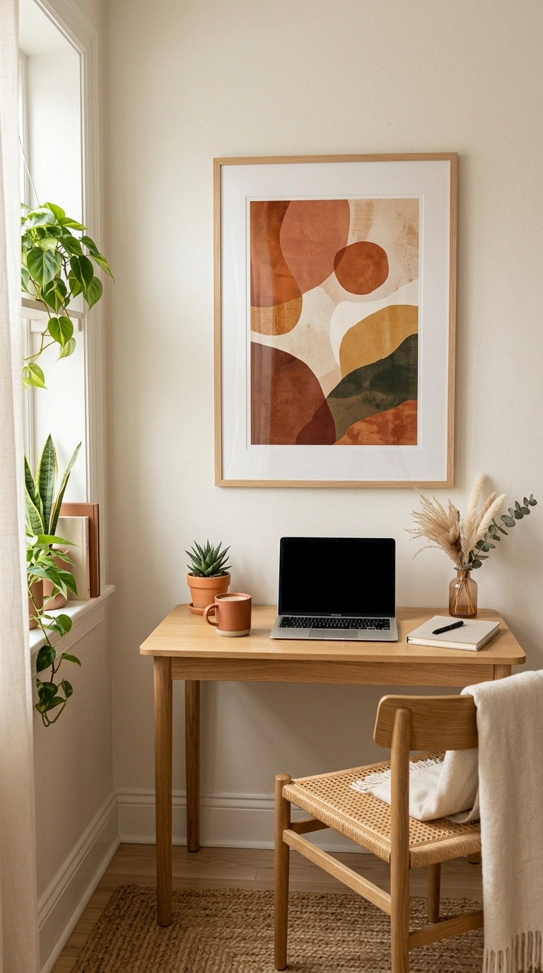19 Classy Desk Setups That Make Small Workspaces Feel Special 19 018 Add Warm Wall Art A medium framed print in warm te