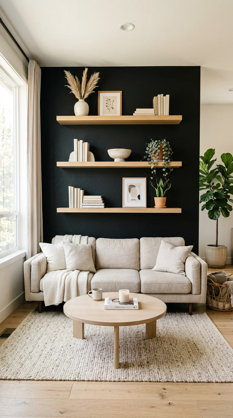 20 Hottest Black Accent Wall Ideas Taking Over Home Decor 19 018 Black Wall With Open Shelves A modern living room