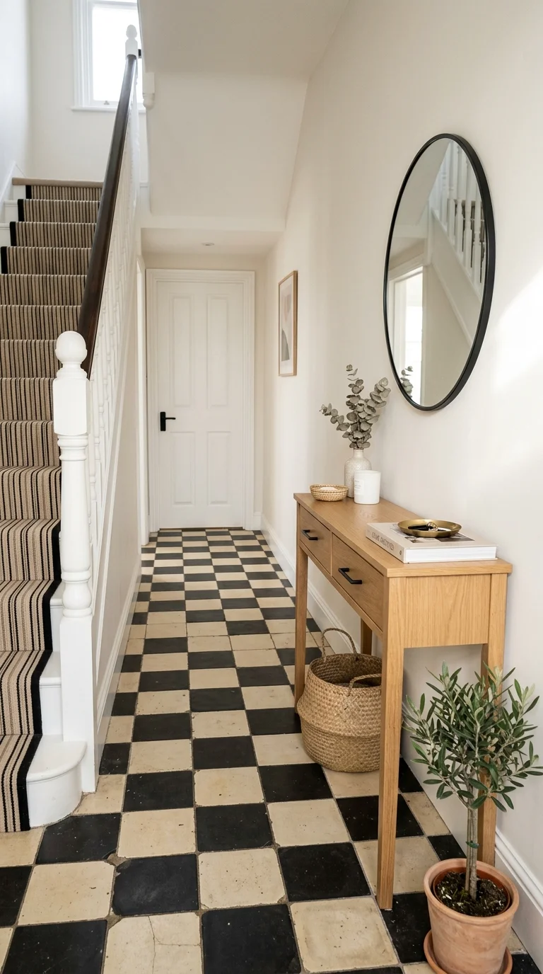 Your Tiny Hallway Deserves This Glow-Up: 20 Ideas to Try 19 018 Checkered Floor Tiles A narrow hallway with a crea