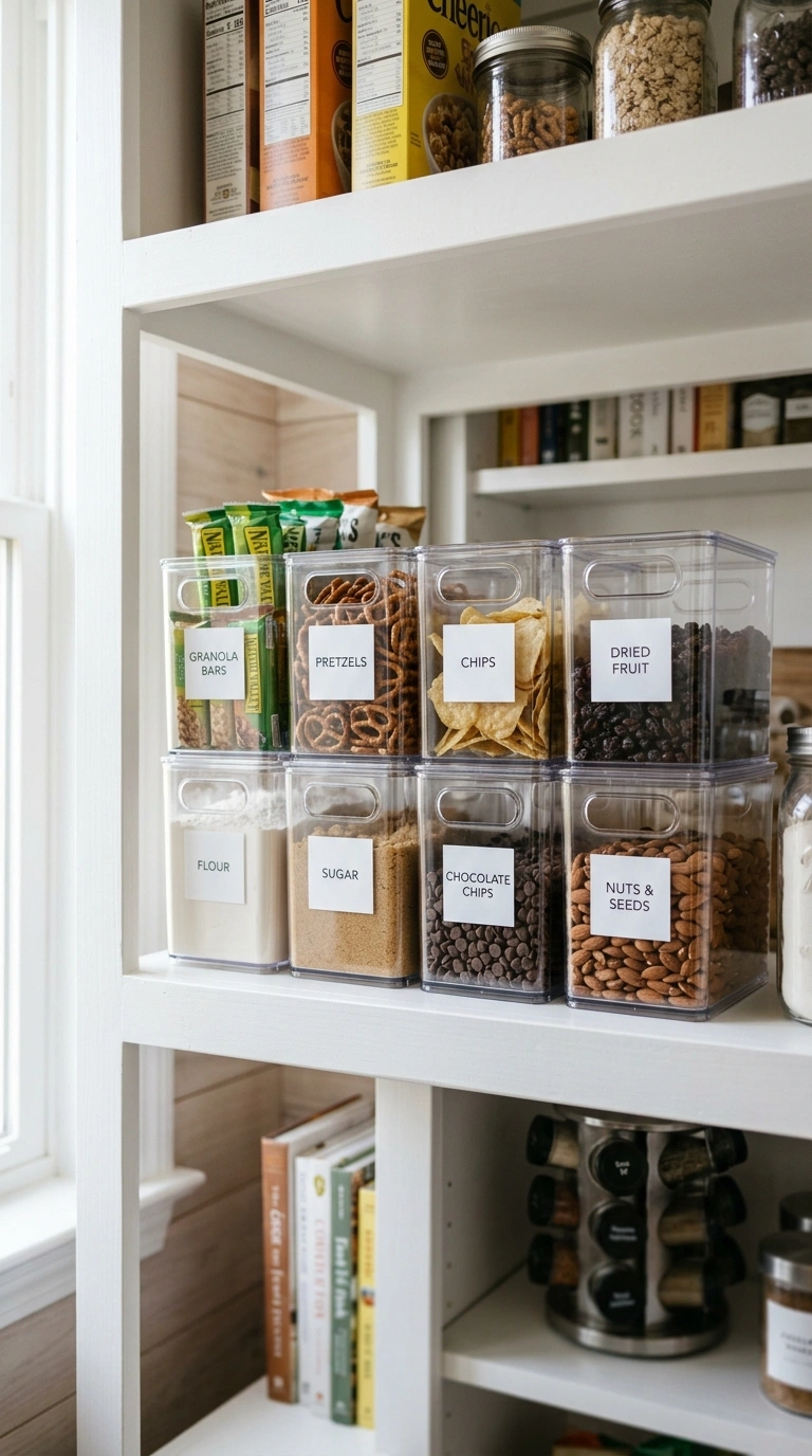 018 Clear Stackable Bins An open pantry shelf lined wi