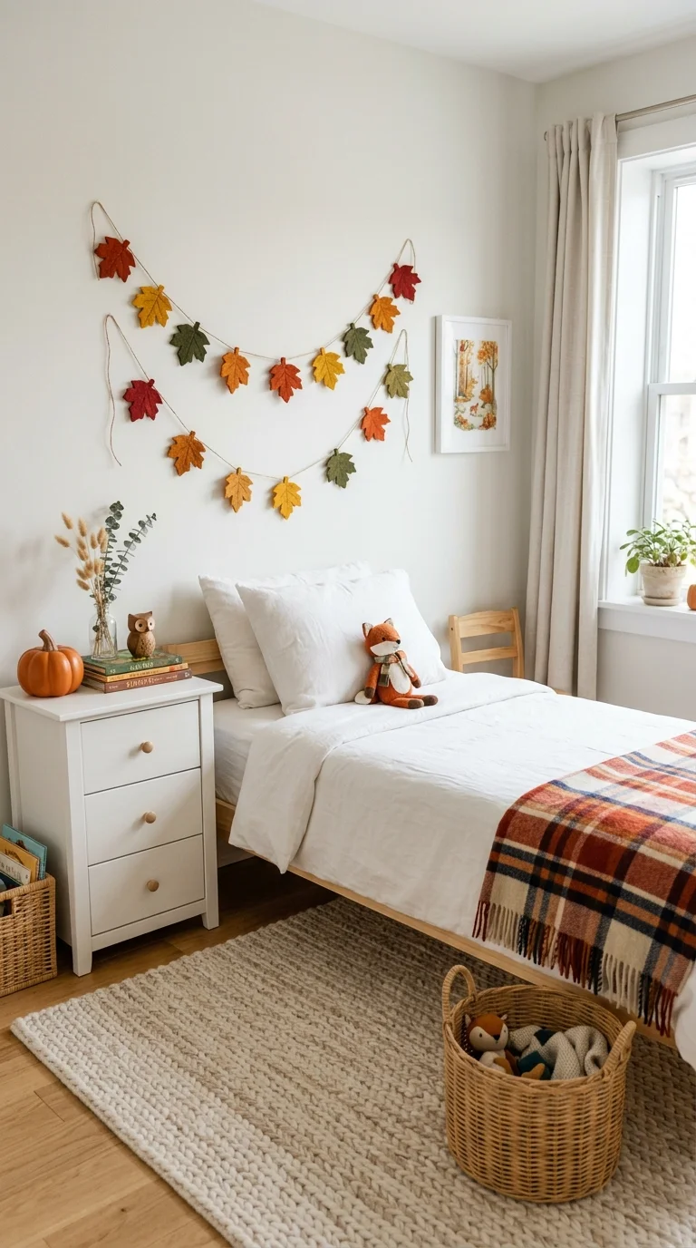 Cozy Fall Decor Ideas for Every Room (21 Picks) 19 018 Kids Room Leaf Garland A childs bedroom with a twi