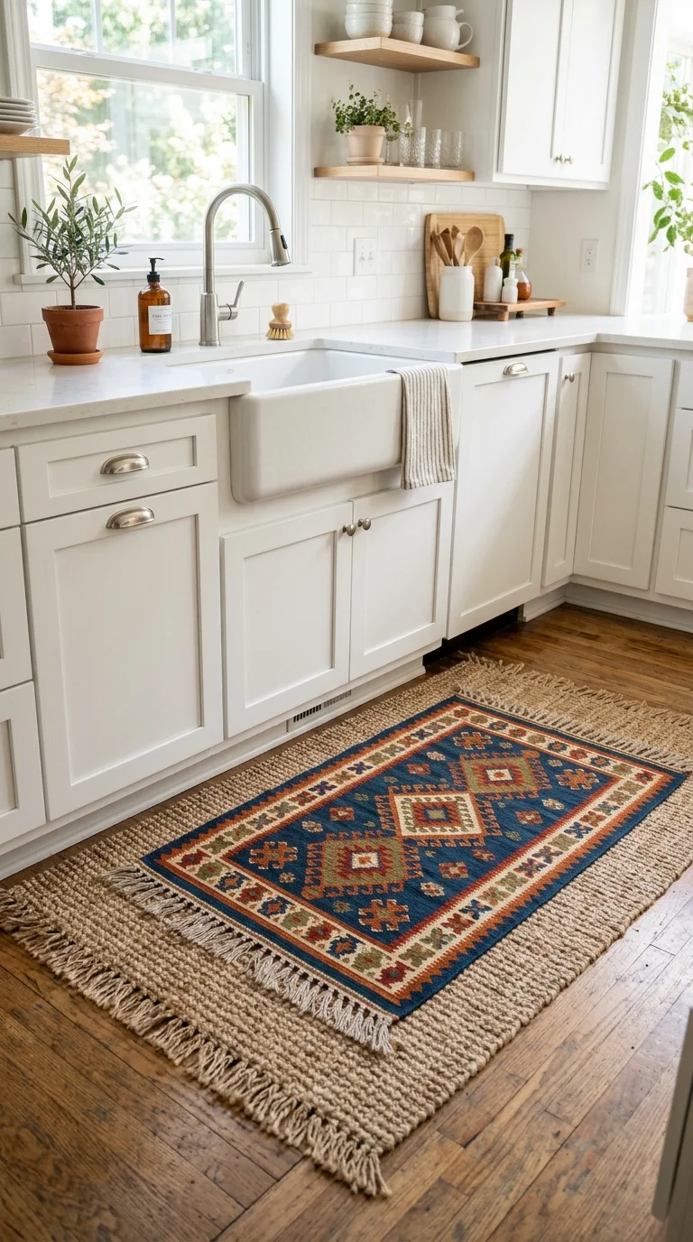 018 Layered Rug Styling A kitchen floor in front of th