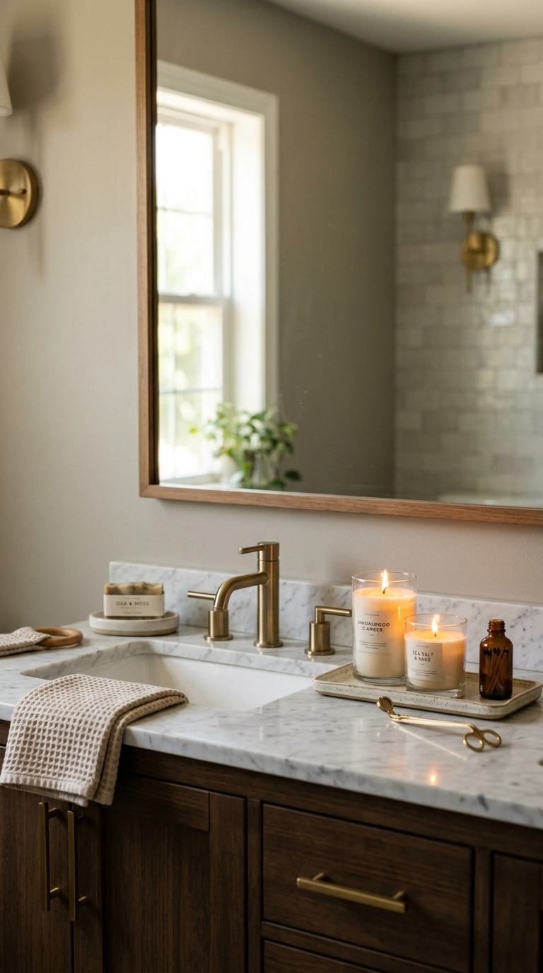 018 Mirror And Candles A bathroom vanity with a rectan