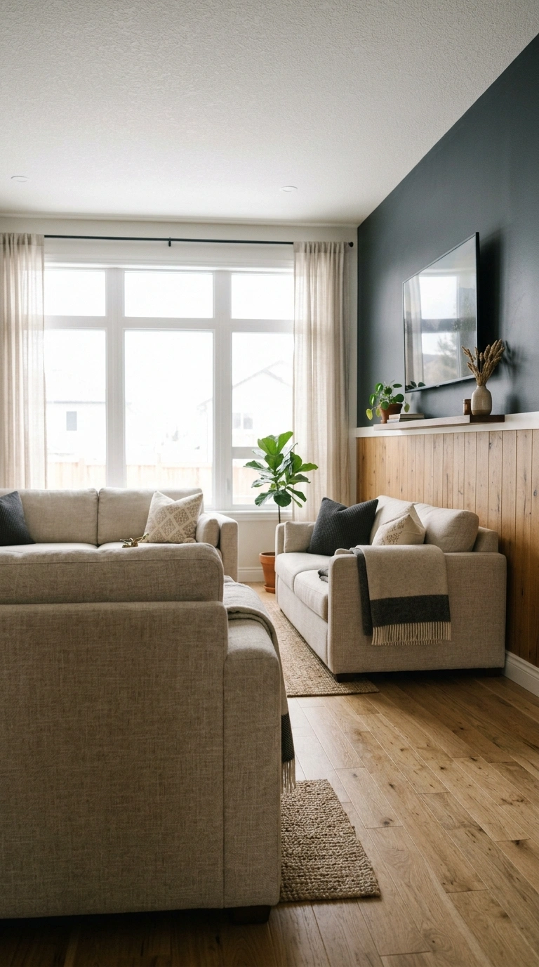 TV Wall Ideas That Don't Look Like an Afterthought (18 Picks) 19 018 Mixed Material Wall A living room wall with wood p