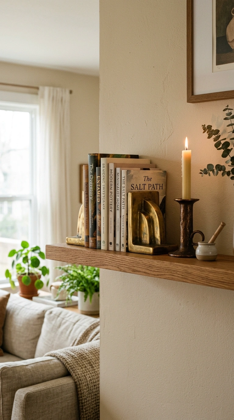 Living Room Shelves Styled Right: 19 Ideas 19 018 Mixed Metal Accents A wooden shelf in a living roo