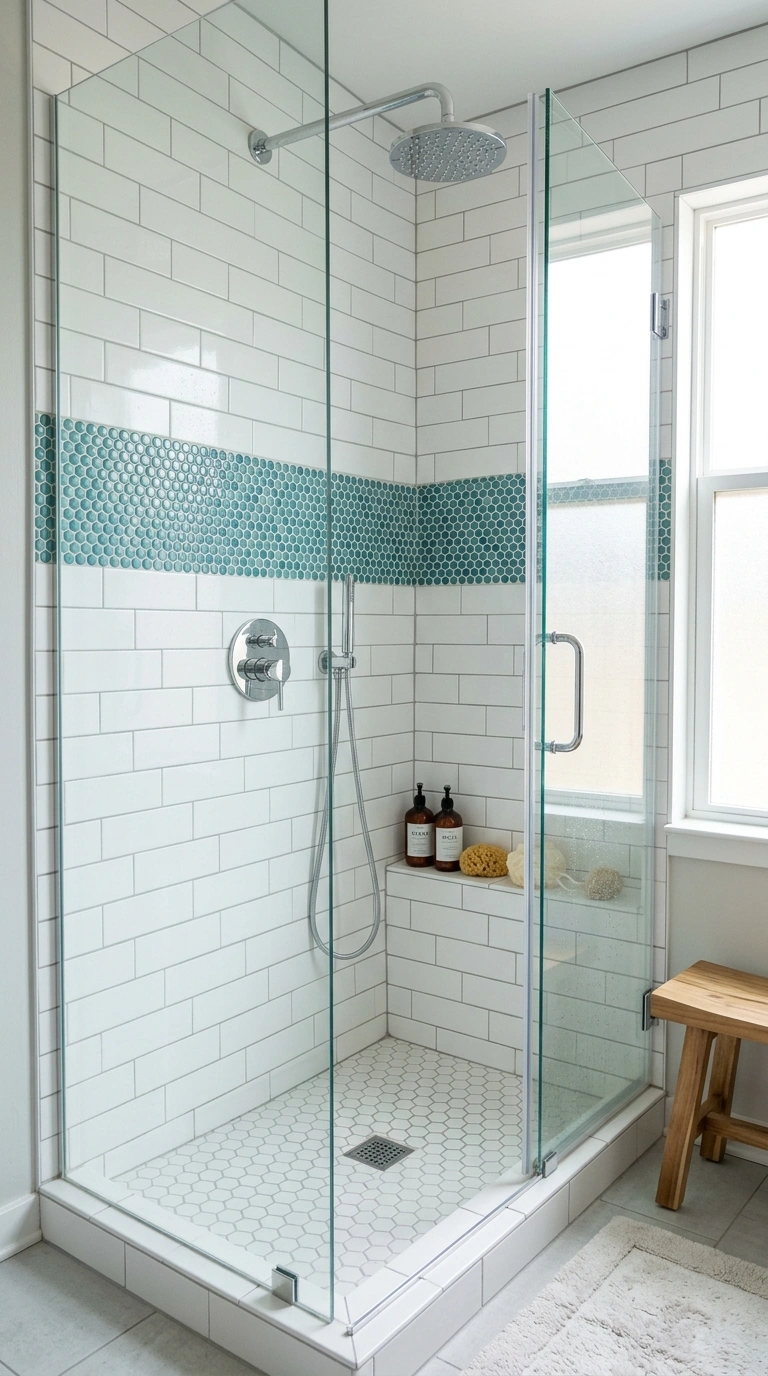 018 Mosaic Border Tile A small shower with plain white