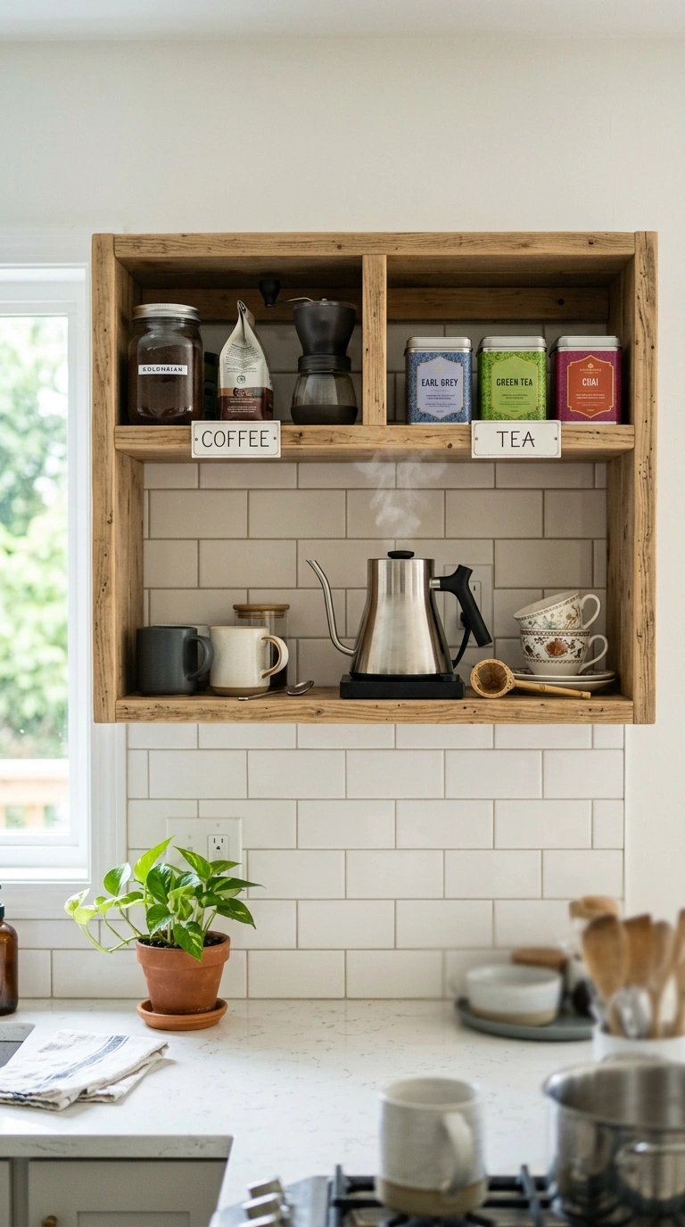 018 Tea and Coffee Combo A kitchen shelf split into tw