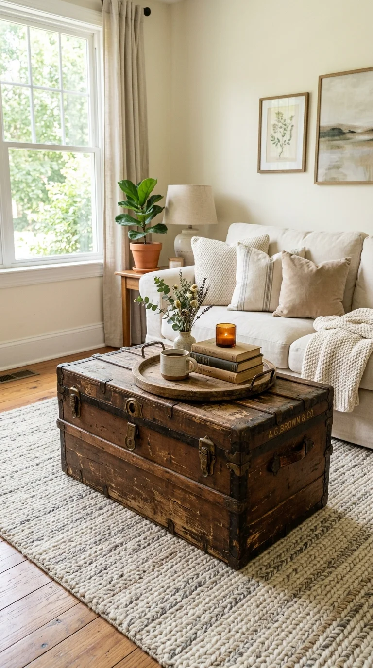 23 Budget Boho Living Rooms That Look Anything But Cheap 19 018 Vintage Trunk Table An old wooden trunk used as a