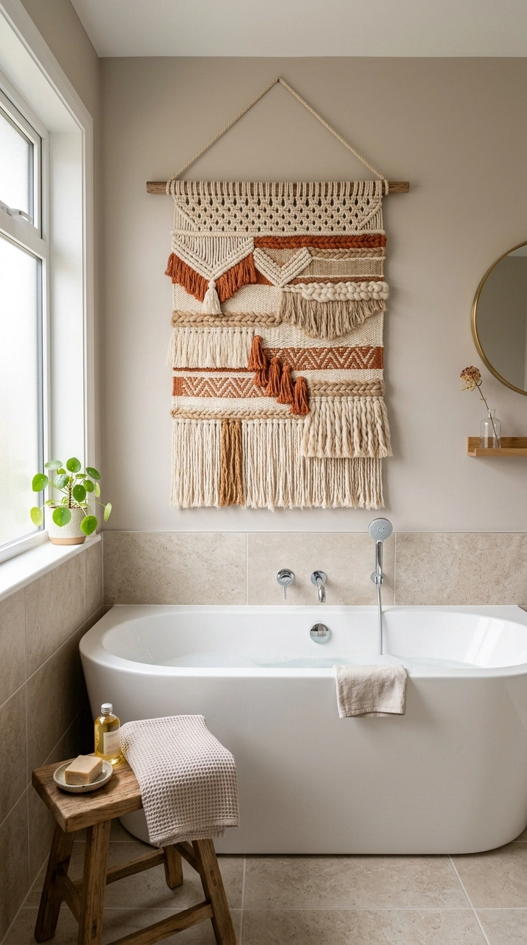 018 Woven Tapestry Hang A bathroom wall behind a white