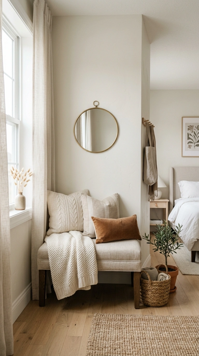 23 Cozy Bedroom Corner Ideas You'll Love 20 019 Bench Seat Corner A bedroom corner with an upholst