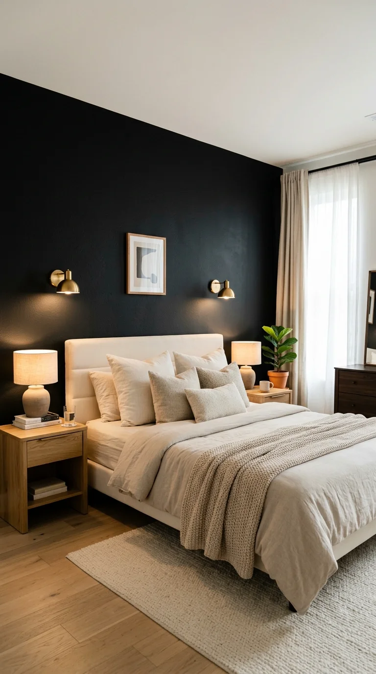 20 Hottest Black Accent Wall Ideas Taking Over Home Decor 20 019 Black Wall With Soft Lighting A cozy modern bedroo