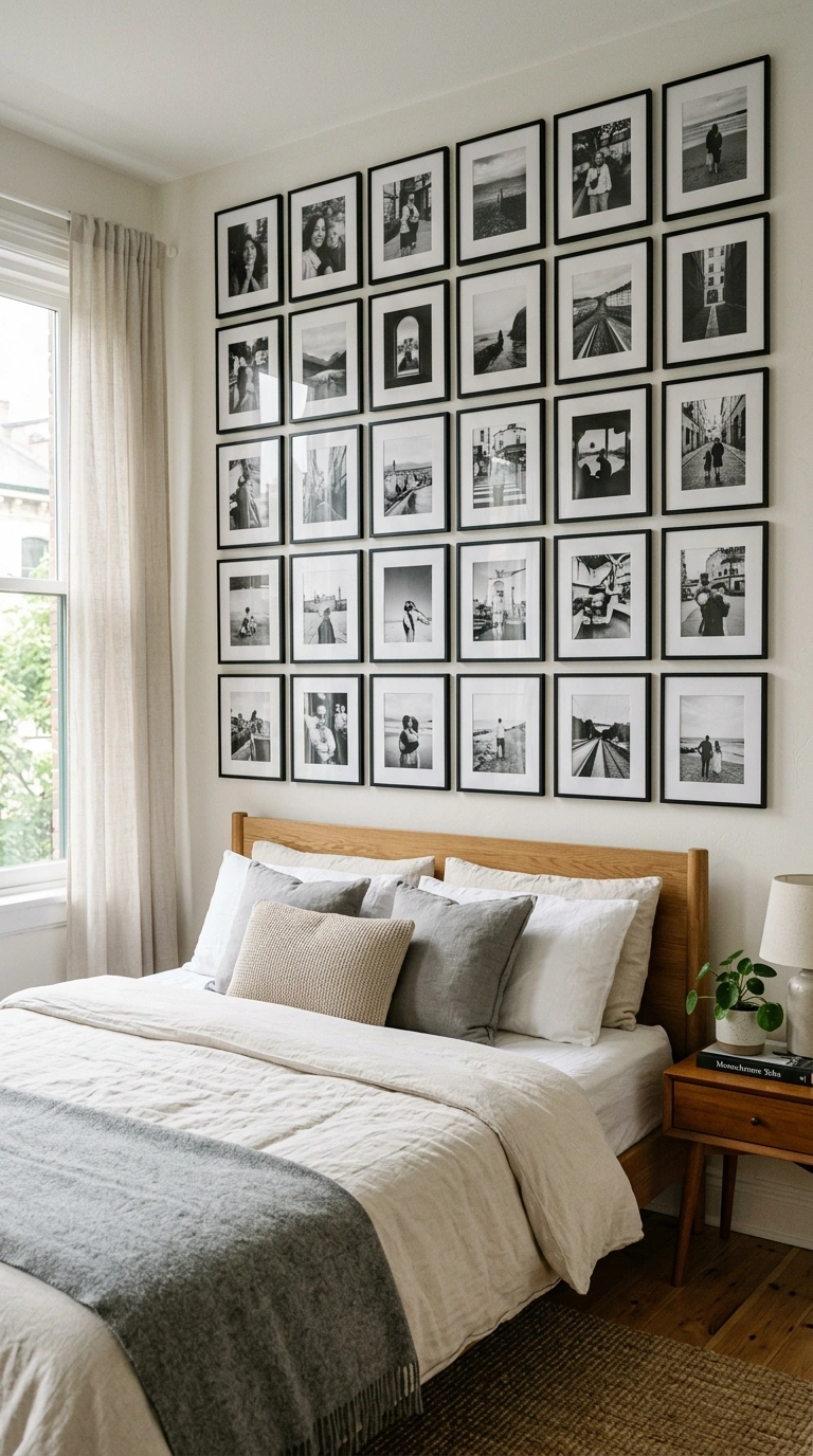 What to Put Above Your Bed: 20 Wall Decor Ideas 20 019 Black and White Prints A bed with a tight grid of